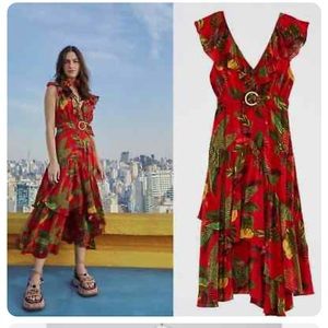 NEVER WORN FARM RIO RED FOREST BIRDS BELTED MIDI DRESS, (No tag but BRAND new)